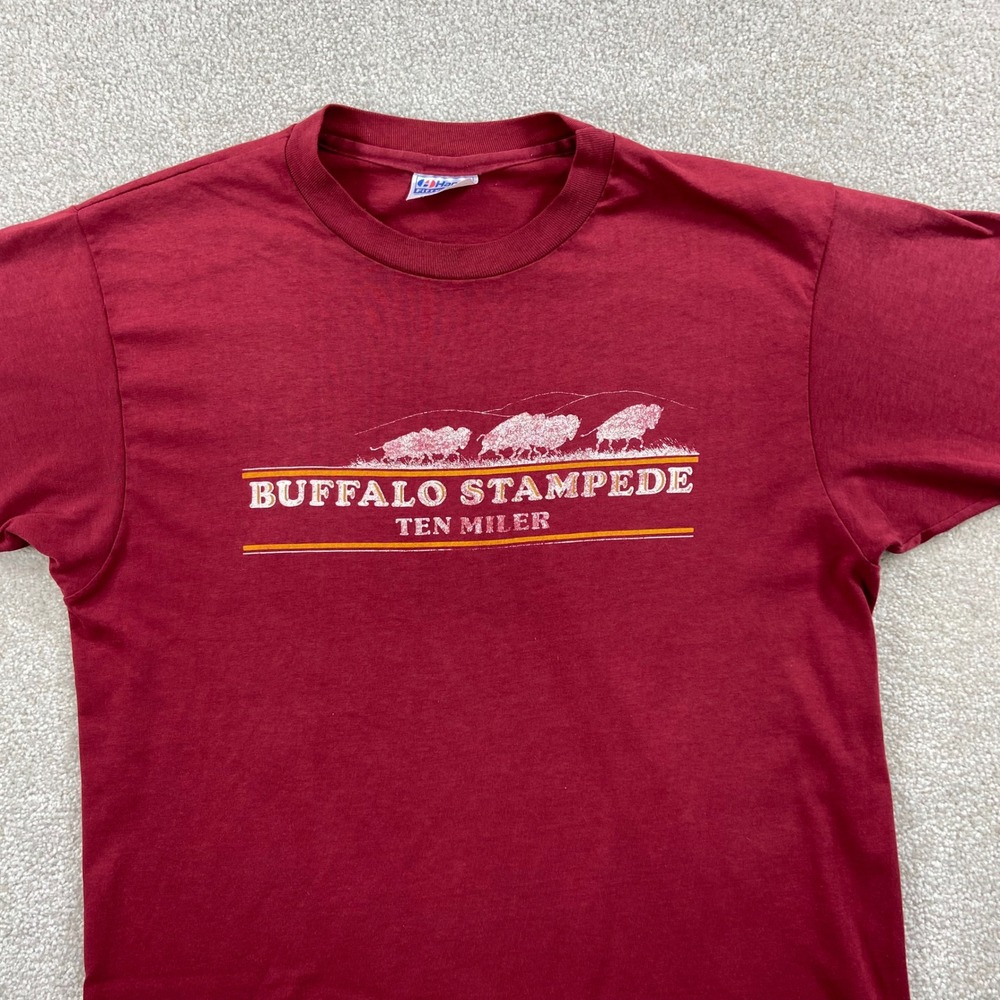Vintage 80's Shirt Mens Large Maroon Buffalo Stampede Ten Miler Made‎ in USA